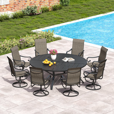 Patio dining set with 60" Round Metal Dining Table and 8 Textilene Swivel Chairs by Red Barrel Studio