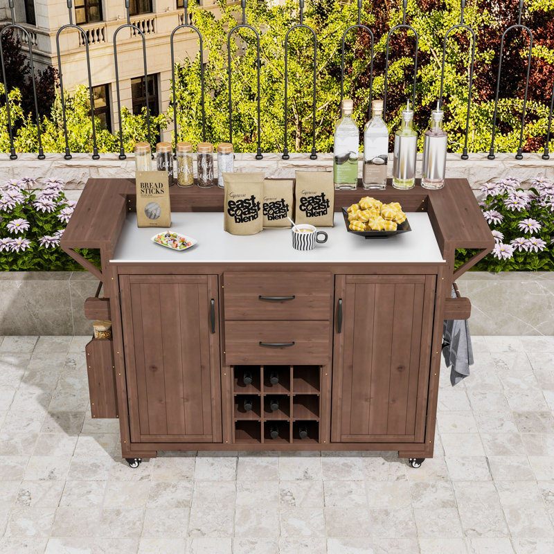 Chariot de cuisine roulant en bois de sapin avec plateau en acier inoxydable, support à vin et tablettes réglables, Brun