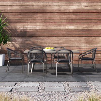Sheaffer 7-Piece Outdoor Patio Dining Set for 6 with Rectangular Glass Top Table & Cushioned Rope Chairs