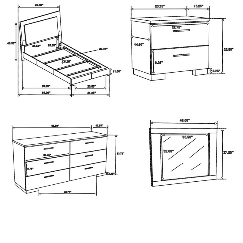 Ensemble de chambre à coucher pour lit simple 4 pièces Sok, blanc moderne, tête de lit tapissier à DEL, Blanc / Chrome