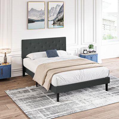 Lit simple tapissier gris foncé - tête de lit moderne en lin, aucun sommier requis, assemblage facile, lattes de bois supportées, cadre de poids limite de 300 lb avec tête de lit, requis, soutenu par