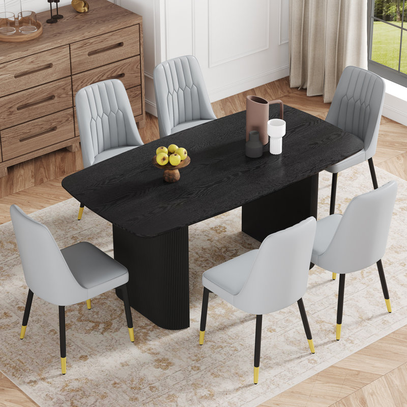 Luxueux ensemble de salle à manger en MDF à grain de bois noir avec chaises rembourrées en polyuréthane pour les salles à manger modernes