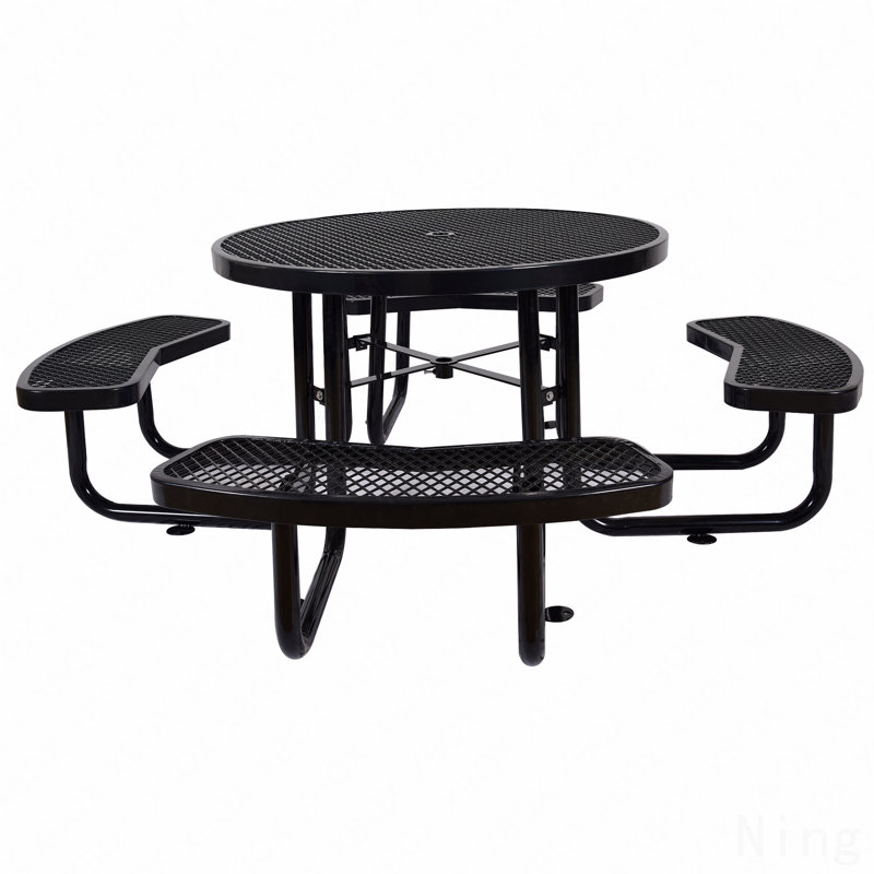 Table de pique-nique ronde ronde en acier 46 po noir avec mât de parasol, Noir