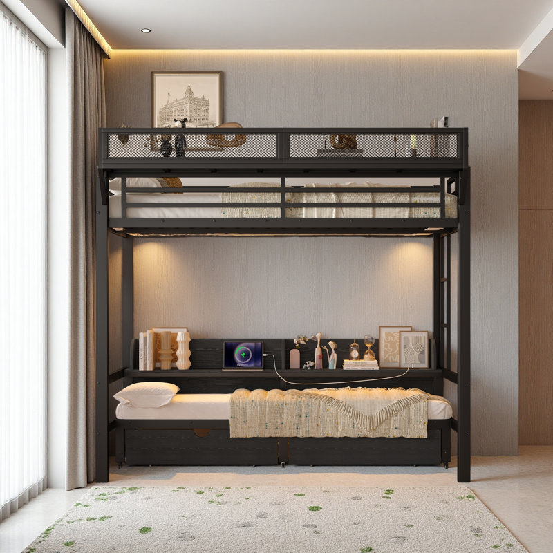 Lits superposés avec ports USB et lumières DEL, lit inférieur qui peut être converti en canapé, Simple TG sur simple TG, Noir