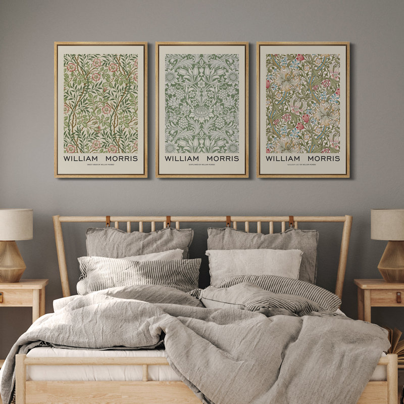 William Morris Geometric Floral Canvas Print Set in Natural Frame