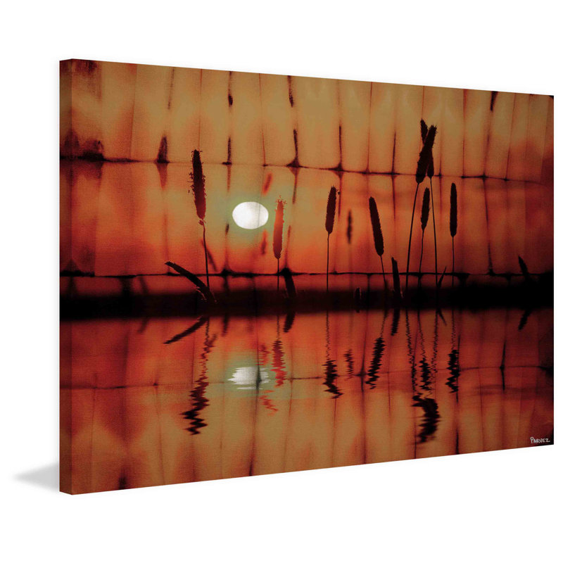 « cattail coucher de soleil » par parvez taj,, reproduction d’art sur toile tendue, 30 po x 45 po