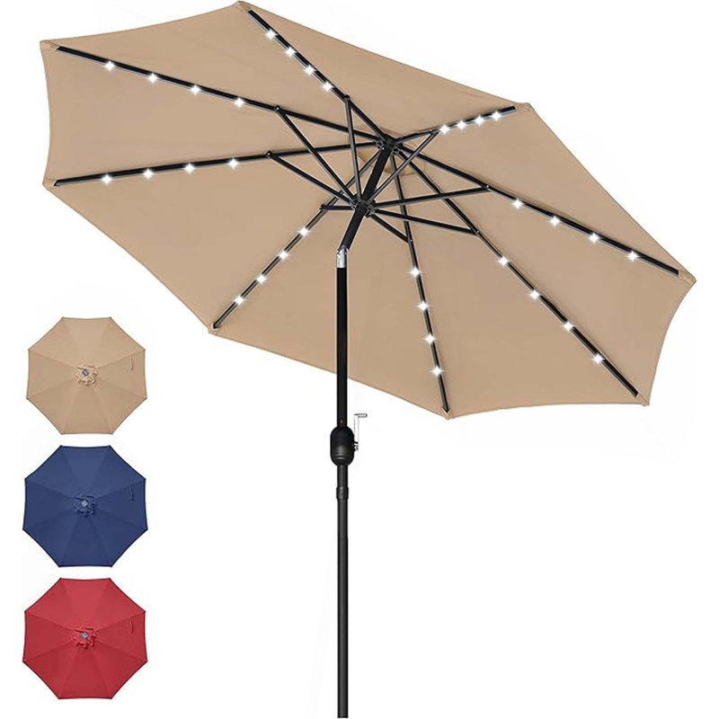 Parasol extérieur inclinable / à manivelle 9 'avec 32 boutons pour le jardin, la terrasse, la cour et la piscine, 9 pi, DEL brun clair 9 pi.