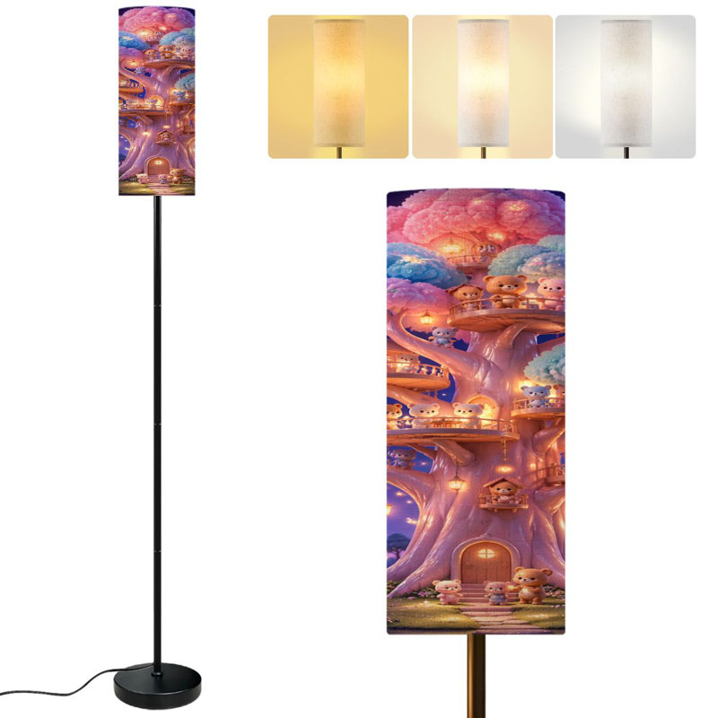  68.5" Standing Floor Lamp Whimsical Treehouse Village Adorable Bears Soft Pastel Colors Dimmable Metal Pole Lamp with Linen Lampshade LED Bulb Included