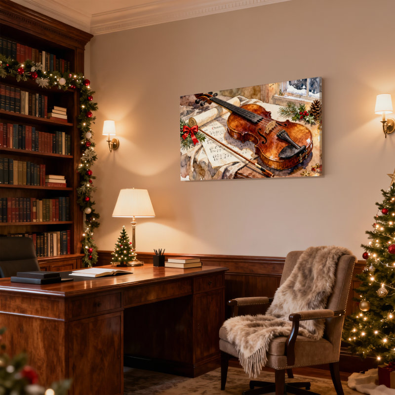 Ensemble de 3 impressions sur toile de Noël, violon, feuilles de pin, fenêtre, neige, ensemble, H 12 po x l 18 po