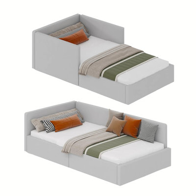 Canapé-lit simple en coin avec cadre de lit en velours et garde-corps réglable en lattes de bois pour chambre d'amis