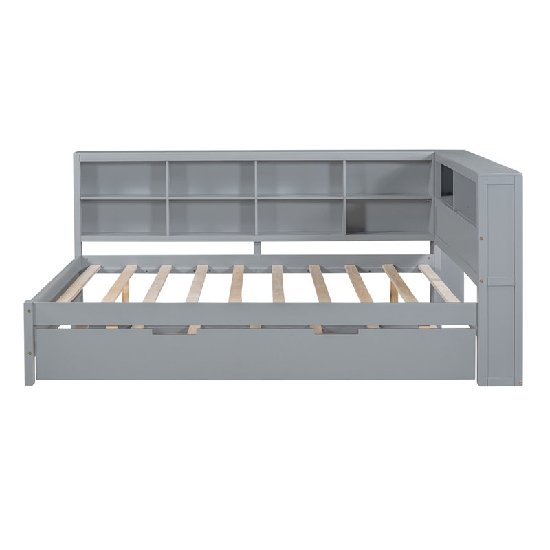 Lit de jour en bois double avec lit gigogne simple, lit de jour avec tablette de rangement et ports de chargement USB, gris