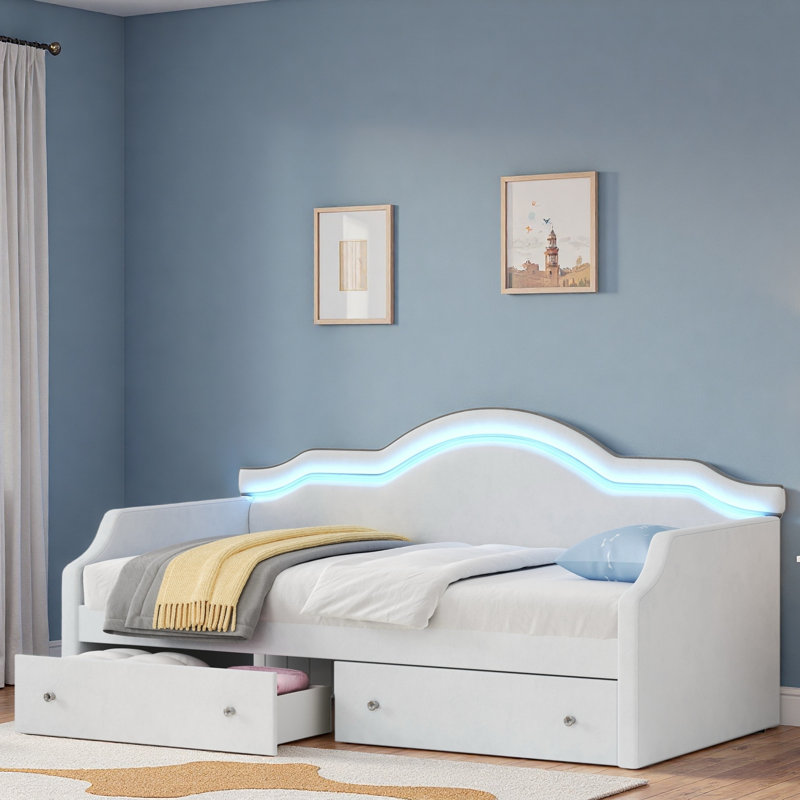 Upholstered Daybed With Led And 2 Drawers, Beige, Twin