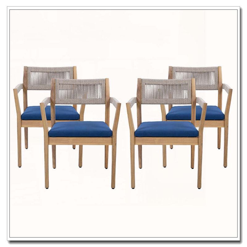 Ensemble de 4 chaises d'extérieur tressées en bois d'acacia avec coussins de style teck, corde beige et bleu marine