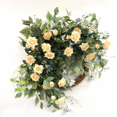 Couronne de fleurs artificielle 24 po avec demi-anneau printemps et été mélangé avec feuillage de roses pour porte d'entrée