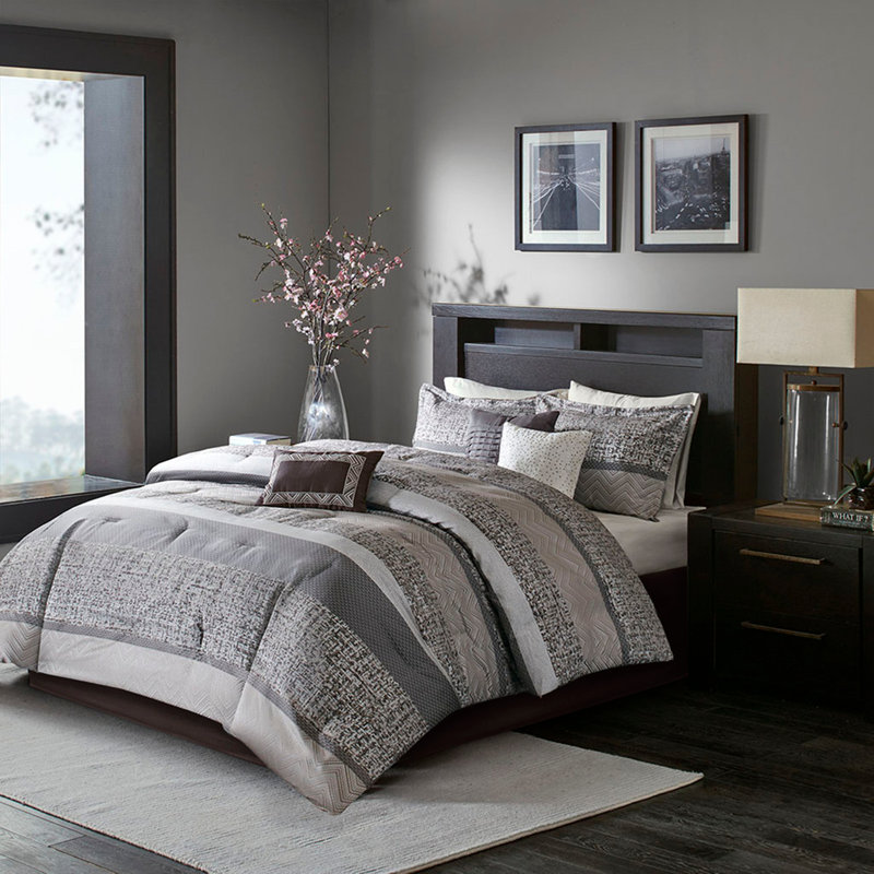 Ensemble d'édredon 7 pièces en jacquard gris / taupe Opulent, Édredon très grand californien + 6 pièces suppl