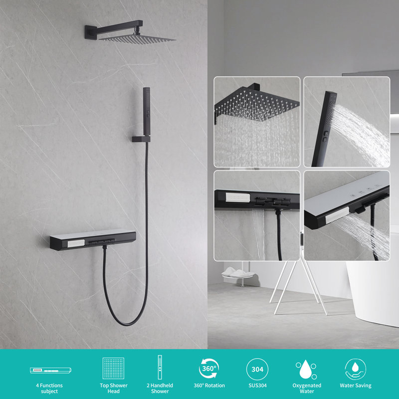 Matt Black Rain Shower System Combo: 10" Wall-Mounted Shower Fixtures with 2-in-1 Handheld Spray, Shower Valve with Body Jets, and Waterfall Spout Shower Faucet Set
