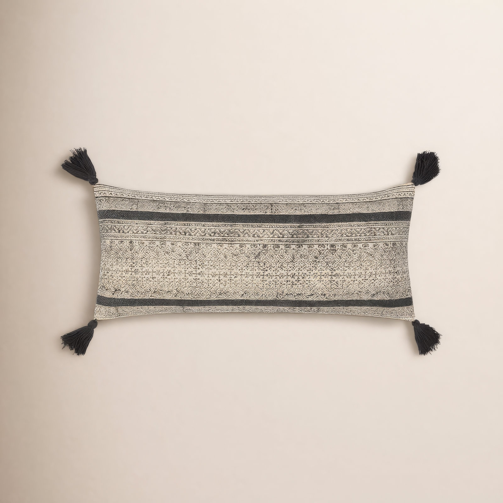 Zetta Tassels Cotton Lumbar Throw Pillow, Down, Beige/Black