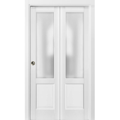 Sliding Closet Bi-fold Doors 42 x 84 Lucia 22 White Silk with Frosted Glass Sturdy Tracks Moldings Trims Hardware Set Wood Solid Bedroom Wardrobe Doors