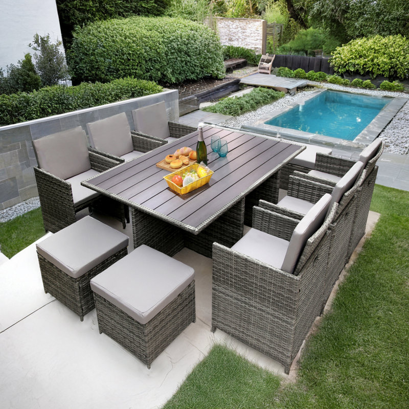Brunn 10 - Person Wicker Patio Dining Set with Rectangular Table , Cushions Included