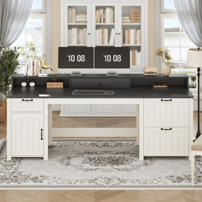 Farmhouse 63" Executive Desk, Wood Computer Desk With Drawers And Storage Cabinet, Home Office Desk With File Drawer And Monitor Stand, Wood Desk For Work Study Writing