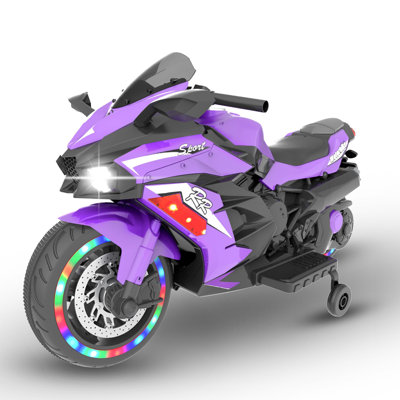 12V Electric Motorcycle For Kids 3-11 Years Old, 4 Mph Max Speed, Led Lights, Bluetooth Music, Battery Powered, Purple