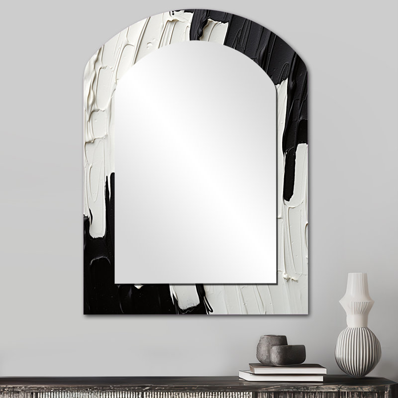Momentary Spirit noir et blanc abstrait I - peinture abstraite miroir asymétrique, miroir mural unique arche noire, impression sur métal