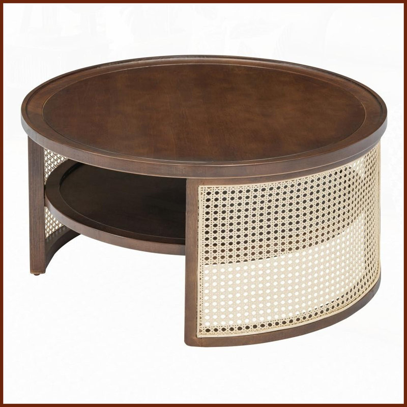 Table basse ronde en bois de noyer à 2 niveaux avec base en rotin, bord arrondi et amp; Grand rangement pour le salon