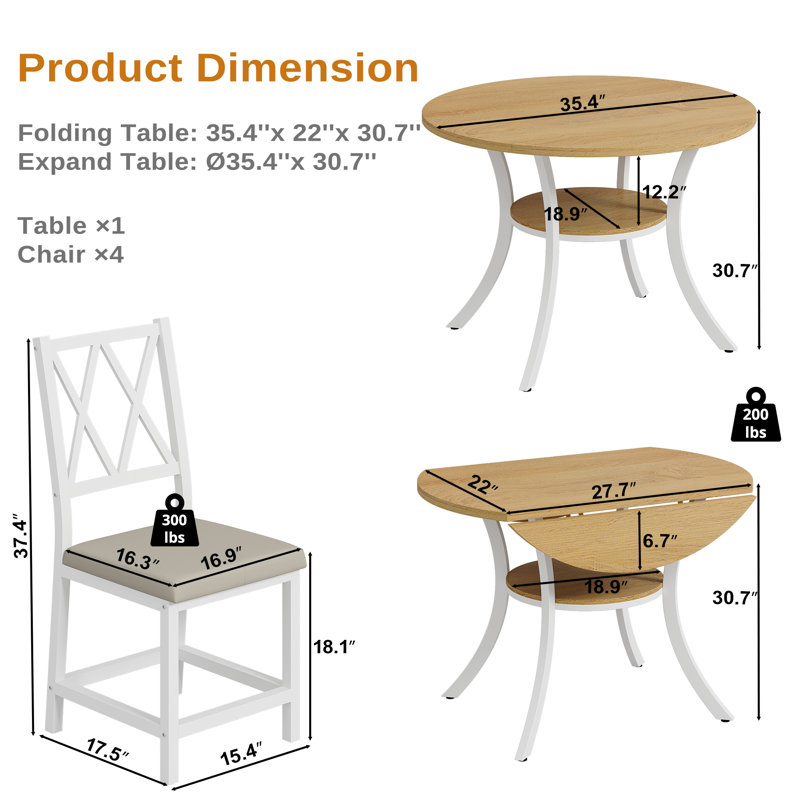 5 Pieces 35.4’’ Transitional Style Round Dining Table Set, Extendable Folding Kitchen Dining Table Set For 4 With 4 PU Upholstered Dining Chairs
