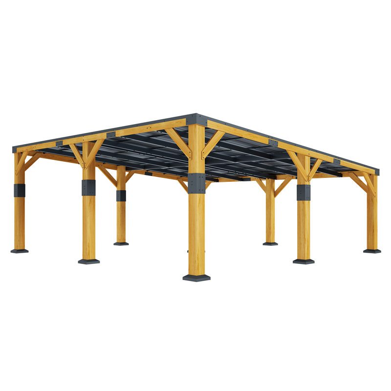 Woodland Haven AMERLIFE 20x20x9.2 FT Cedar Wood Carport with Sloped Galvanized Steel Roof, Heavy Duty Outdoor Shelter for 2 Cars, Trucks, Boats & Tractors, Wind & Snow Resistant Pitch Roof Design