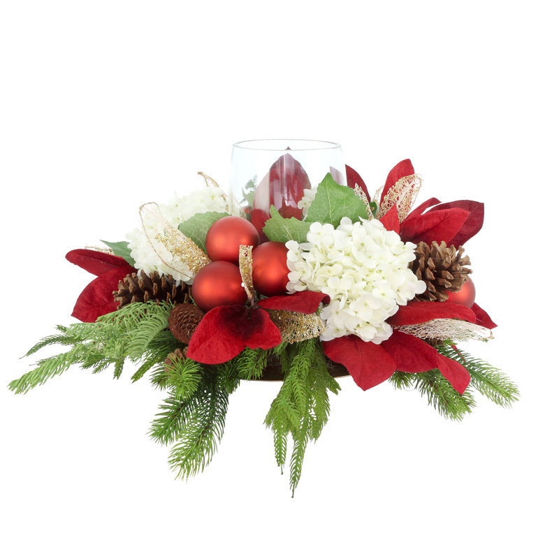 Holiday Candleholder with Hydrangeas, Magnolia Leaves, and Pinecones