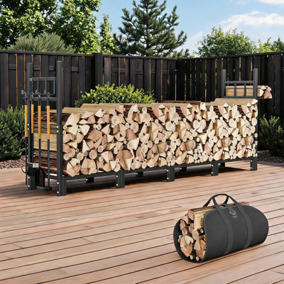Firewood Rack Outdoor, Heavy Duty Metal Firewood Storage Log Holder with Fireplace Tool Set & Firewood Carrier Bag, Firewood Stacker Rack for Patio, Backyard, Fire Pit