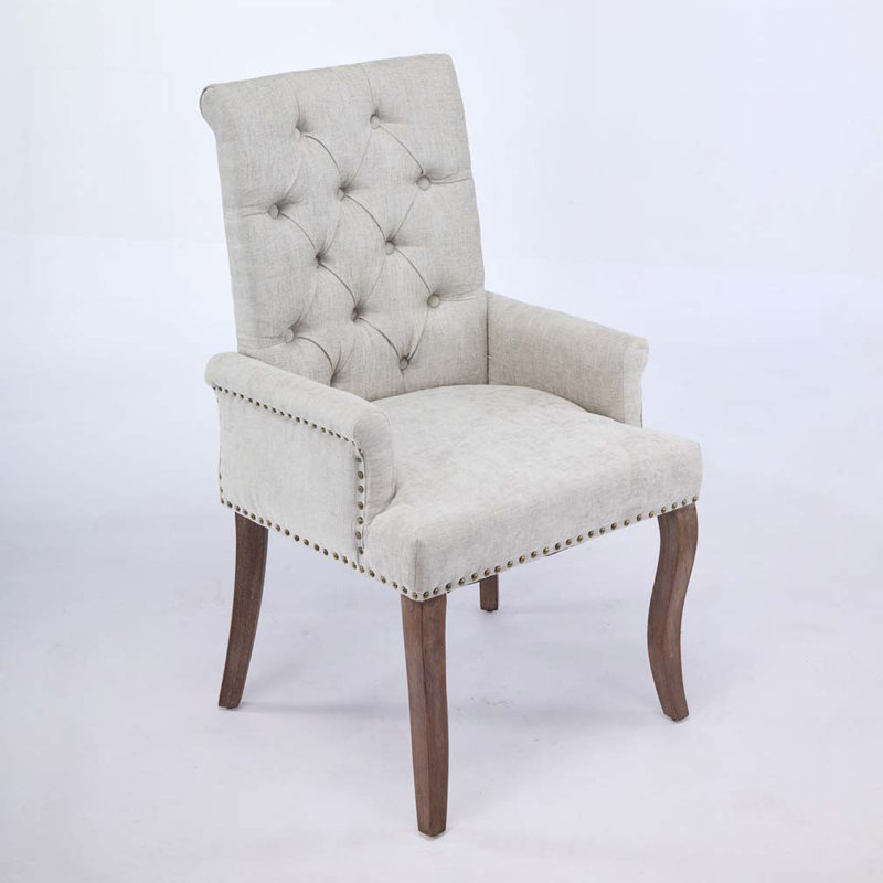 Upholstered Chenille Fabric Accent Dining Chair with Curved Solid Wood Legs, Beige