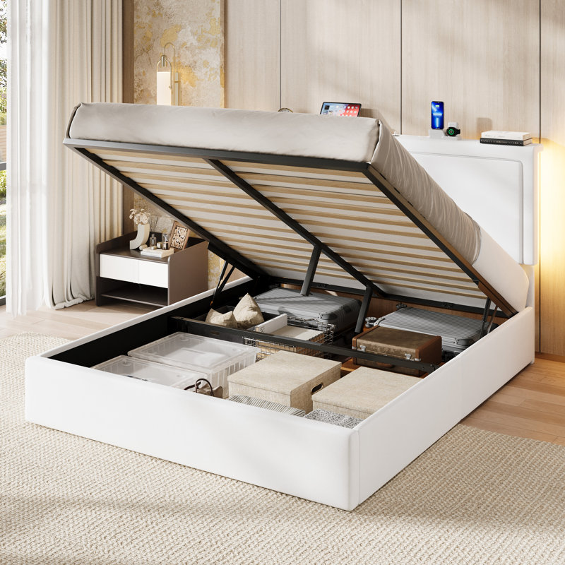 Modern Velvet Upholstered Platform Bed With LED Headboard, Built-In Charging Station, And Lift Under-Bed Storage, White