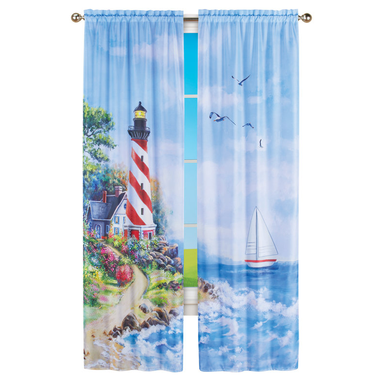 Coastal Lighthouse Scene Light-Filtering Polyester Curtain Panel Pair