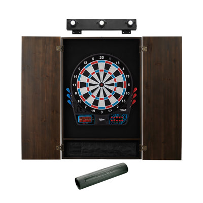 Viper 777 Electronic Dartboard, Metropolitan Espresso Cabinet, Dart Mat and Dartboard Light Set