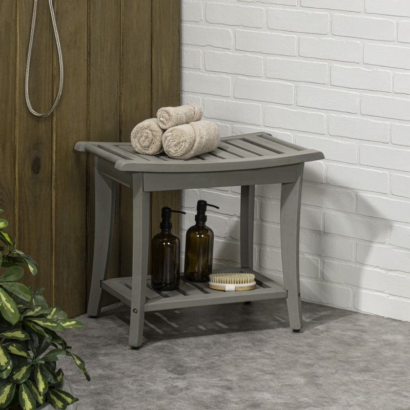 Tucker Modern 22" Gray Acacia Wood Shower Bench with Storage Shelf, Water-Resistant 2-Tier Spa Bath Stool for Bathroom and Outdoor Use