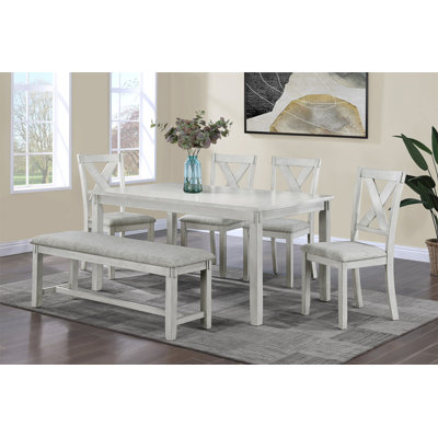 Rustic Farmhouse Transitional 6Pc Dining Set Rectangular Table Linen Look Fabric Upholstered Chair Bench Seat Wooden Dining Room Furniture White/Gray