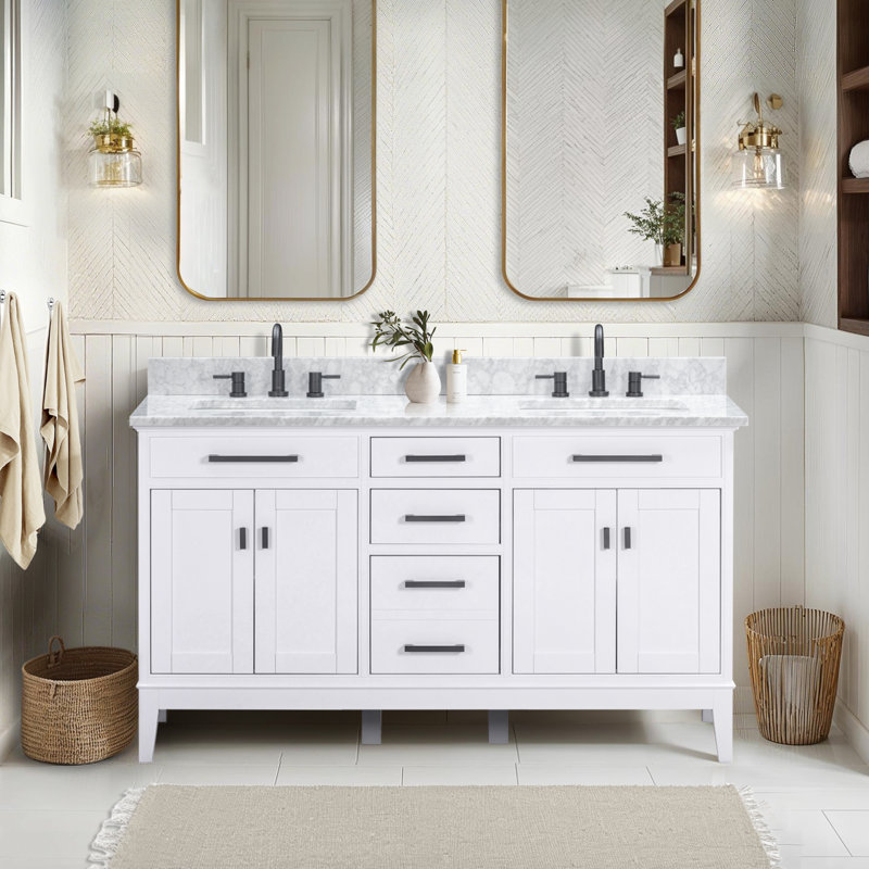 Meuble-lavabo double 60 po Anglet, Blanc de Carrare, Blanc