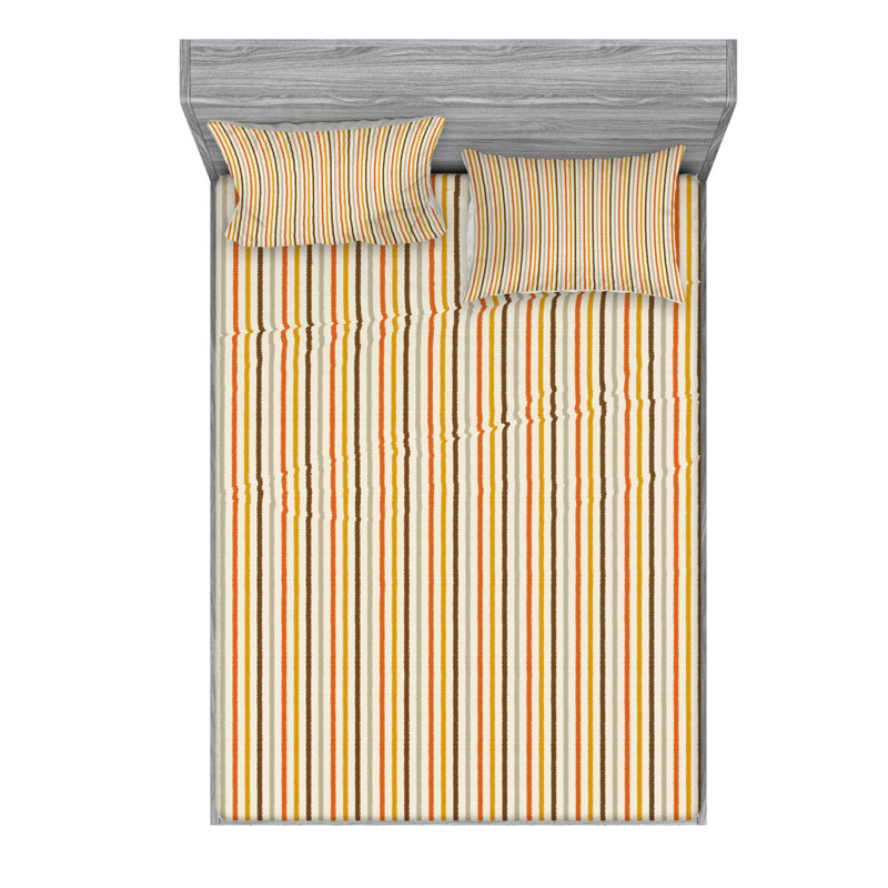 Microfiber Striped Sheet Set, Full/Double Sheet Set with Fitted Sheet, Yellow/Red/Brown Striped