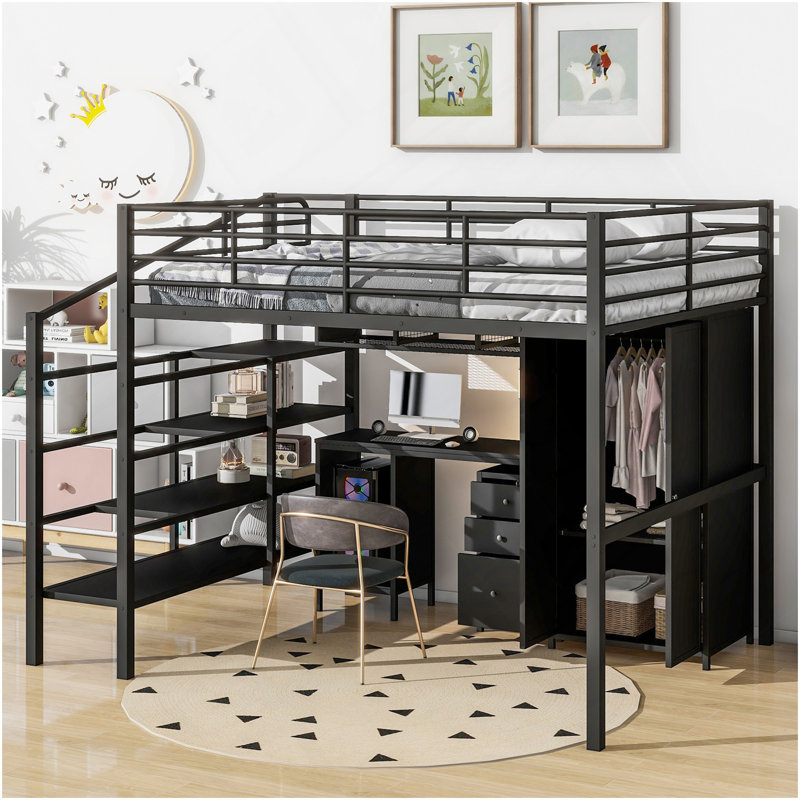 Lit mezzanine en métal avec ensemble de table et garde-robe, double, noir