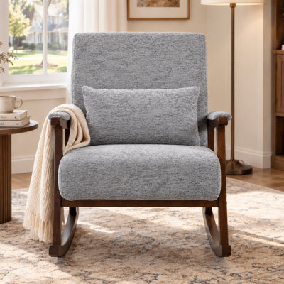 Chaise berçante rembourrée avec cadre en bois massif et coussin lombaire d'inspiration Mid-Century pour le salon