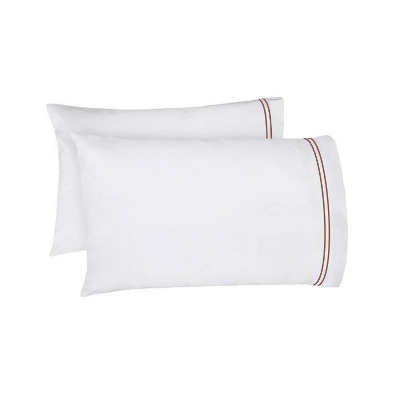 400TC Double Embroidery Cotton Sateen Pillowcases (Set Of 2), White/Chocolate
