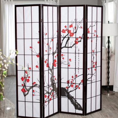 4 Room Divider With 70" Height And Black Finish Featuring Graceful Plum Blossom - Add Privacy Grace Adorned Lovely Beauty
