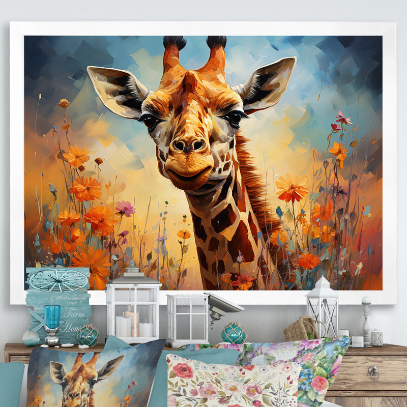 " Brown Giraffe Expressionist Grace ", 30" H x 40" W x 1.5" D, White Single Picture Framed