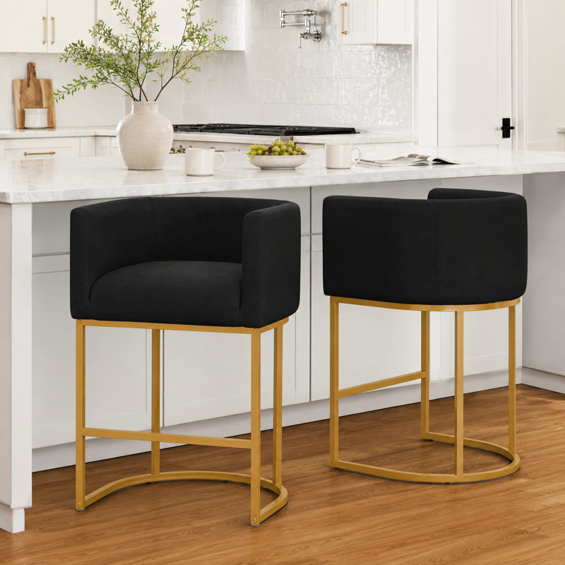Upholstered Barrel Counter Stool, Camel, Black
