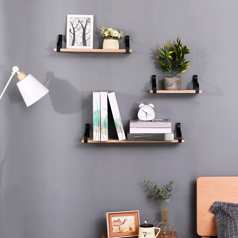 Natural Wood Bracketed Shelves Of 3 - Enhance Appeal Bedroom, Living Room, Kitchen, Bathroom Floating Decorate Your Spaces With