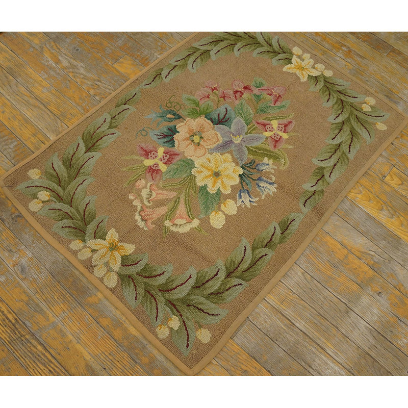 Small Size Cream Color Antique 1930 European Influenced Floral Inlay Design American Hooked Rug