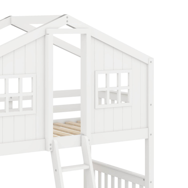 Twin Over Twin House Bunk Bed With Ladder, White