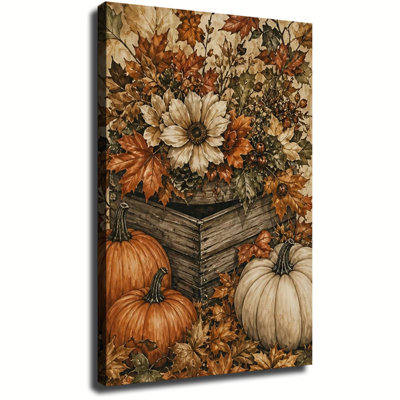 Caisse en bois vintage avec citrouilles crème, tournesols et feuilles d'érable - Toile murale d'automne de style ferme