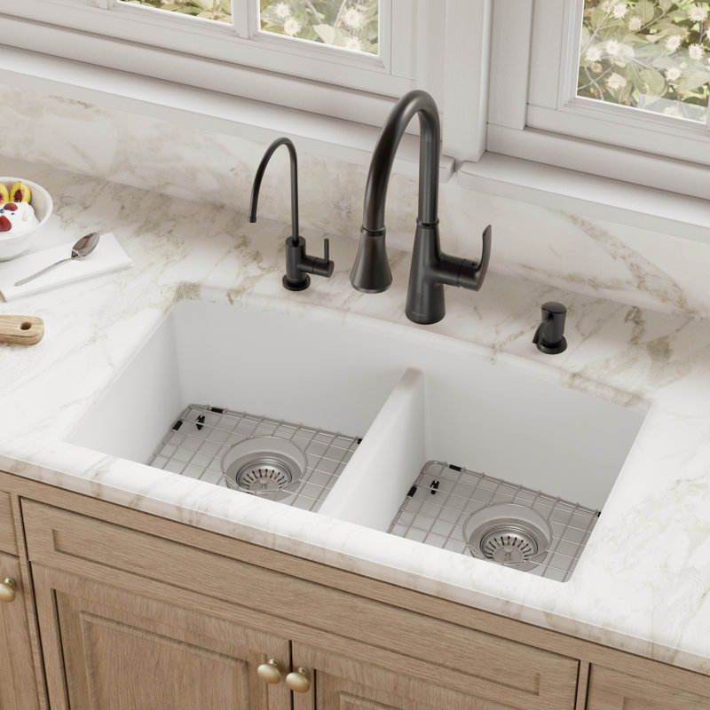 Karran Quartz 32-1/2'' X 19-1/2'' Double Bowl 50/50 Undermount Kitchen Sink Kit, White
